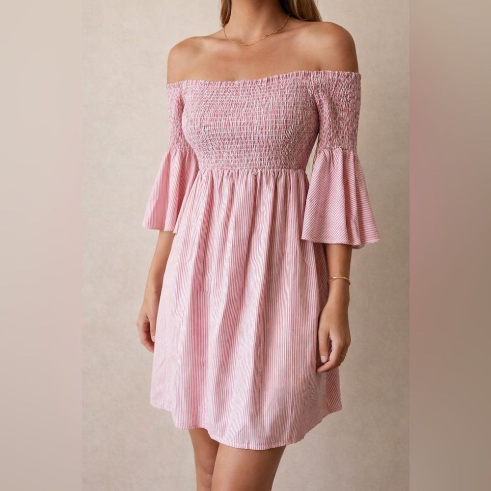 Gianni Bini Womens S Pink Striped Smocked Off Shoulder Bell Sleeve Mini Dress